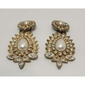 Vtg Large Arnold Scaasi Faux Pearl Rhinestone Chandelier Gold Clip On Earrings